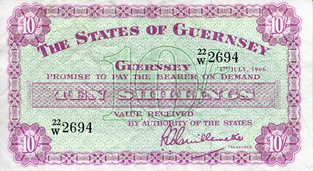 Guernsey 10 Shillings Pick Number: 42q VF+ (see large scan) Banknote