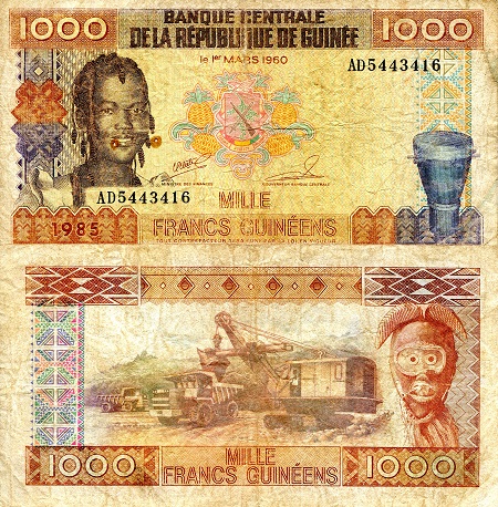 Guinea 1,000 Francs Pick Number: 32a VG (see large scan) Banknote