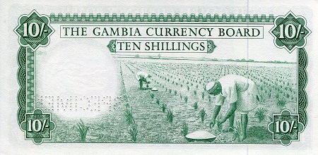Gambia 10 Shillings UNC pick #: 1s