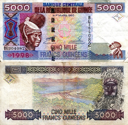 Guinea 5000 Francs Pick Number: 38a F/VG Banknote