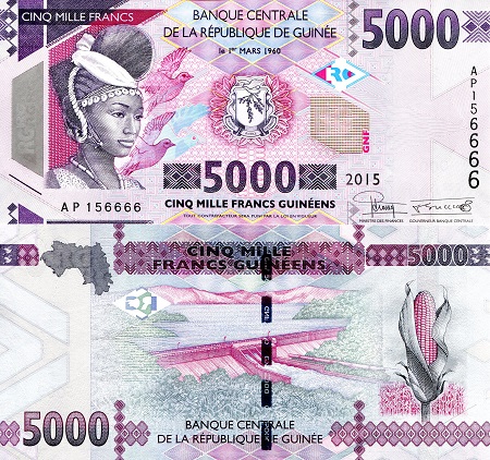 Guinea 5,000 Francs Pick Number: 49a UNC Banknote