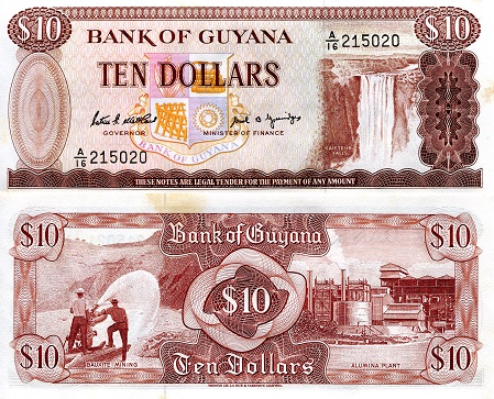 Guyana 10 Dollars Pick Number: 23g XF (spots and musty) Banknote