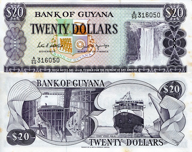 Guyana 20 Dollars Pick Number: 27 XF Banknote