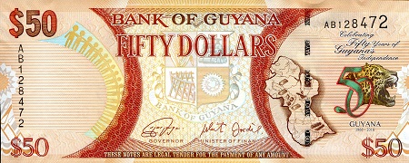 Guyana 50 Dollars Pick Number: 41 aUNC (minor corner issue) Banknote