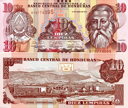 Honduras 10 Lempiras Pick Number: 99 UNC Banknote
