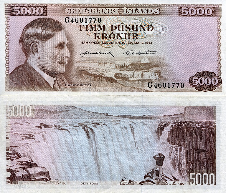 Iceland 5000 Kronur Pick Number: 47 VF Banknote