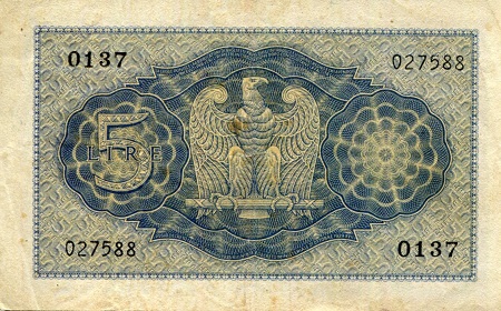 Italy  5 Lira VF (See large scan) pick #: 28a