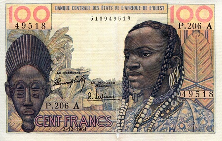 Ivory Coast 100 Francs Pick Number: 101Ad VF+ (see large image) Tear into note Banknote