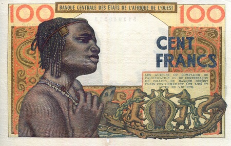 Ivory Coast 100 Francs VF+ (see large image) Tear into note pick #: 101Ad