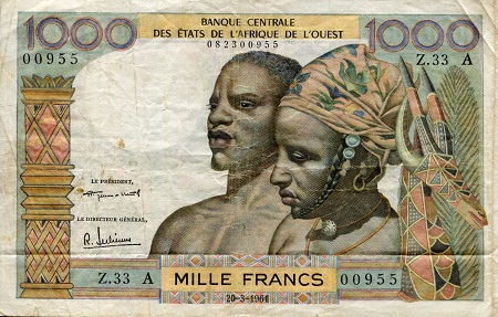 Ivory Coast 1,000 Francs Pick Number: 103Ab F (see large scan) Banknote