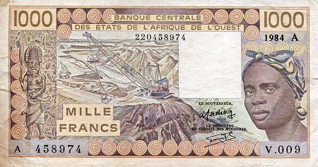 Ivory Coast 1,000 Francs Pick Number: 107Ad F/VG (See large scan) Banknote