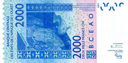 Ivory Coast 2,000 Francs aUNC (minor corner issue) pick #: 116Aa
