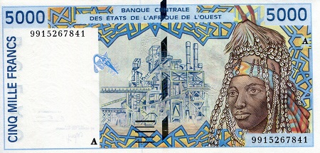 Ivory Coast 5,000 Francs Pick Number: 113Ai aUNC (minor corner issue) Banknote