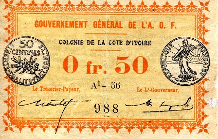 Ivory Coast .50 Centimes Pick Number: 1a F (Peeling on back, but in good shape) Banknote