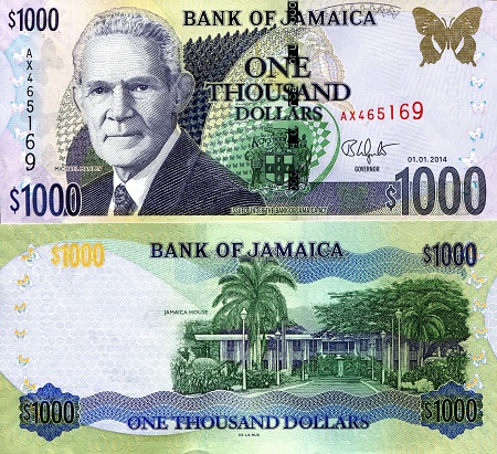 Jamaica 1000 Dollars Pick Number: 86j UNC Banknote