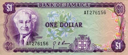 Jamaica 1 Dollar Pick Number: 54a VF (see large scan) Stains Banknote