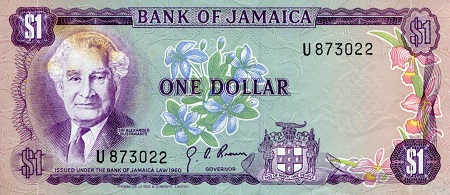 Jamaica 1 Dollar Pick Number: 54a XF/VF (see large scan) Stains Banknote