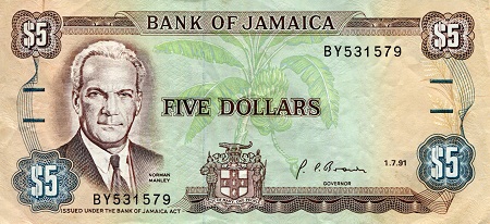 Jamaica 5 Dollars Pick Number: 70d VF (See Large Scan)  Banknote