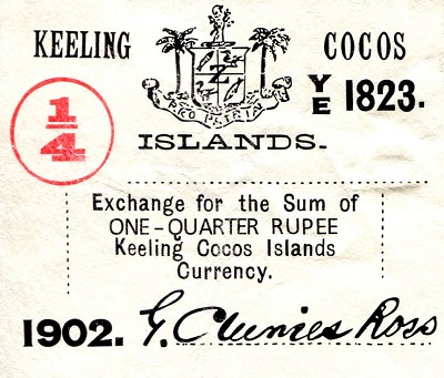 Keeling and Cocos Islands 1/4 Rupee Pick Number: S124 XF/VF (foxing on note) Banknote