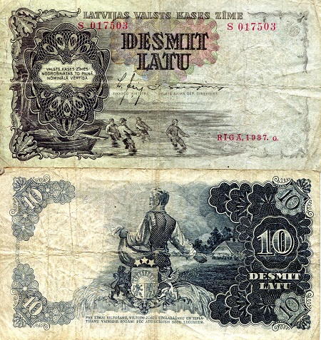 Latvia 10 Latu Pick Number: 29a VG (See large scan) Banknote