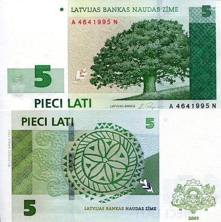 Latvia 5 Lati Pick Number: 49b UNC Banknote