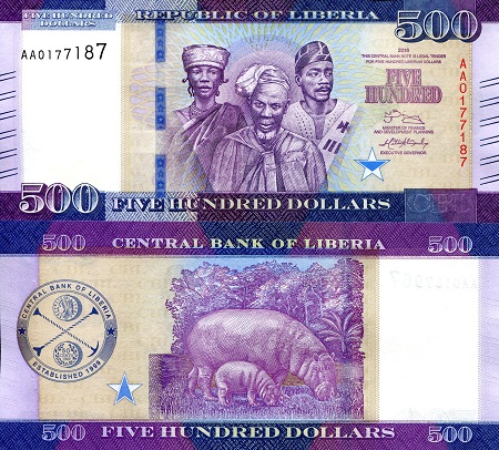 Liberia 500 Dollars Pick Number: 36 UNC Banknote