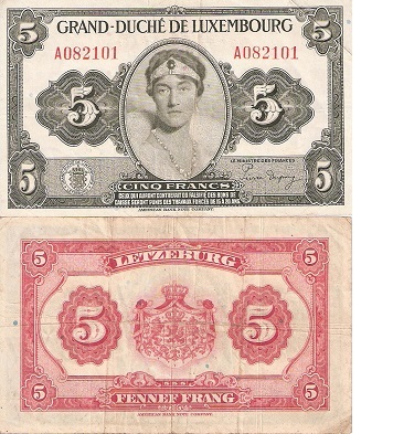 Luxembourg 5 Francs Pick Number: 43b VF/F Banknote