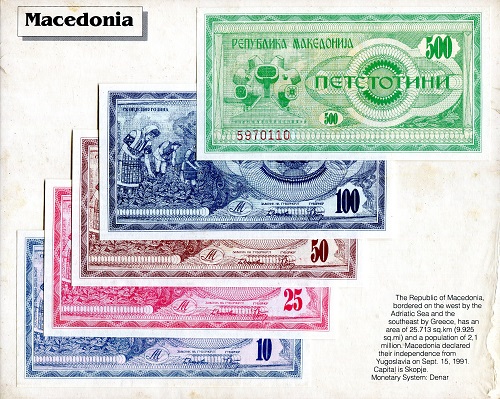 Macedonia 10 - 500 Denar Pick Number: NP UNC (Board may have some wear - see large scan) Banknote