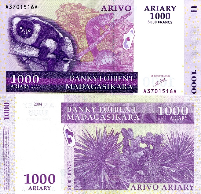 Madagascar 1,000 (5,000) Ariary (Francs) Pick Number: 89a UNC Banknote