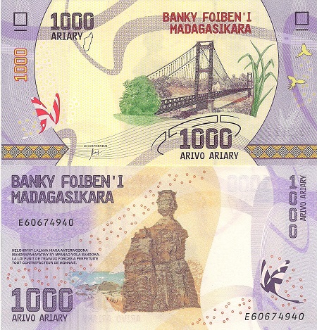 Madagascar 1,000 Ariary Pick Number: 100 UNC Banknote