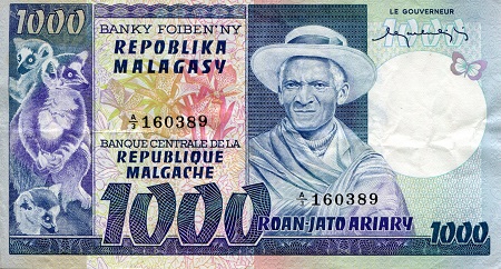 Madagascar 1,000 Francs Pick Number: 65 XF/VF+ (see large scan) Banknote