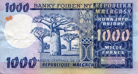 Madagascar 1,000 Francs XF/VF+ (see large scan) pick #: 65