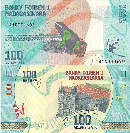 Madagascar 100 Ariary Pick Number: 97 UNC Banknote