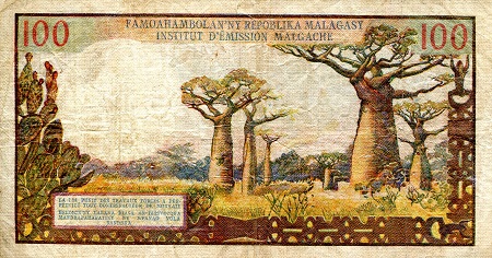 Madagascar 100 Francs VG (see large scan) tear pick #: 57