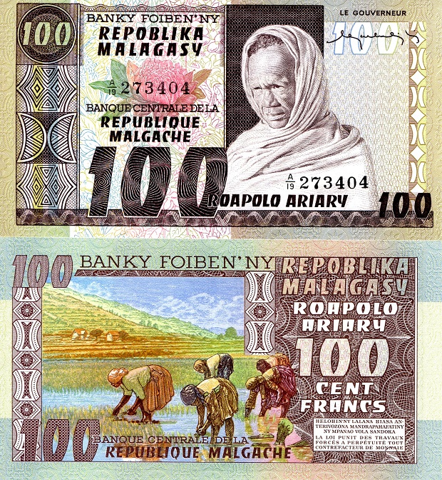 Madagascar 100 Ariary Pick Number: 63 UNC Banknote