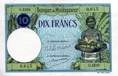 Madagascar 10 Francs Pick Number: 36 XF (See scan) Banknote