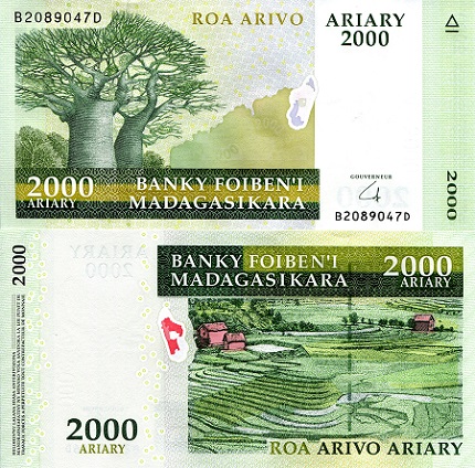 Madagascar 2,000 Ariary Pick Number: 96 UNC Banknote