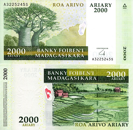 Madagascar 2,000 Ariary Pick Number: 90b UNC Banknote