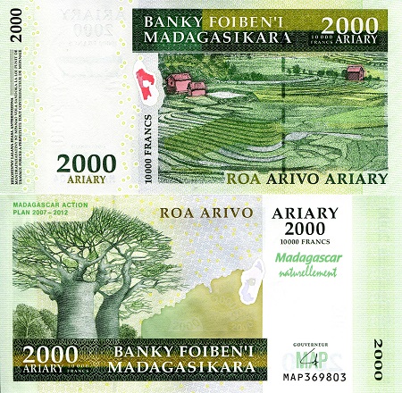 Madagascar 2,000 Ariary Pick Number: 93 UNC Banknote