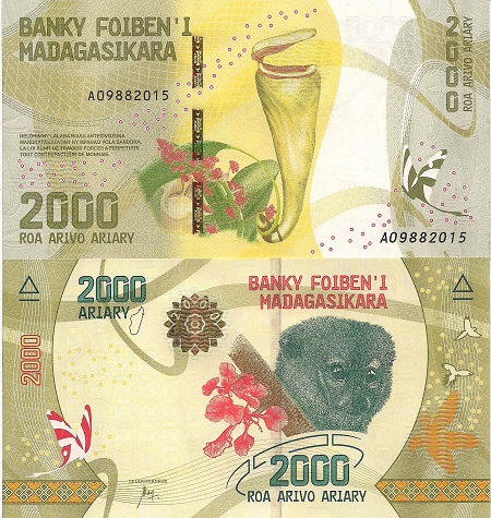 Madagascar 2,000 Ariary Pick Number: 101 UNC Banknote