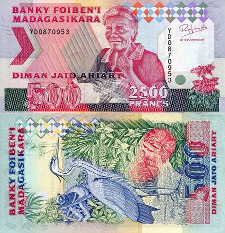Madagascar 2,500 (500) Francs (Ariary) Pick Number: 72Aa aUNC Banknote