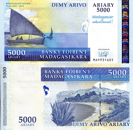 Madagascar 5,000 Ariary Pick Number: 94a UNC Banknote