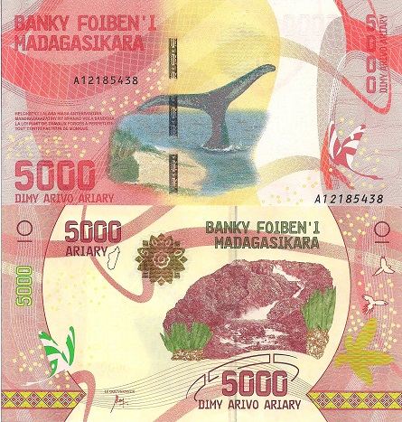 Madagascar 5,000 Ariary Pick Number: 102 UNC Banknote