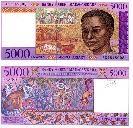 Madagascar 5,000 Francs Pick Number: 78a UNC (printed on thinner paper) Banknote