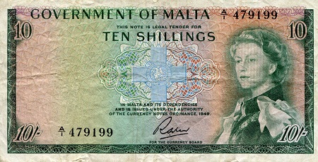 Malta 10 Shillings Pick Number: 25a F/VG (see large scan) Banknote