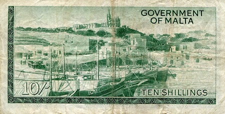 Malta 10 Shillings F/VG (see large scan) pick #: 25a