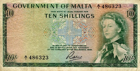 Malta 10 Shillings Pick Number: 25a VG (see large scan) Banknote