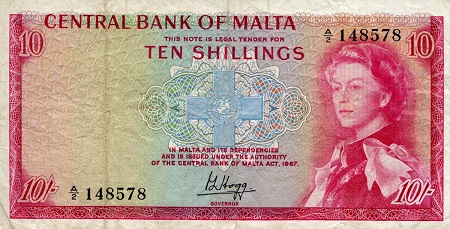Malta 10 Shillings Pick Number: 28a F/VG (see large scan) Banknote
