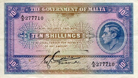 Malta 10 Shillings Pick Number: 19a VF (see large scan) Banknote