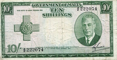 Malta 10 Shillings Pick Number: 21a VG (see large scan) Banknote